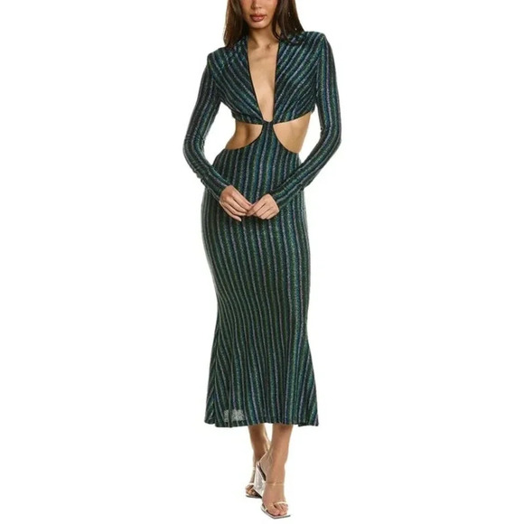 NWT $329 MISHA Despina Metallic Striped Cut-Out Midi Dress - Picture 1 of 9